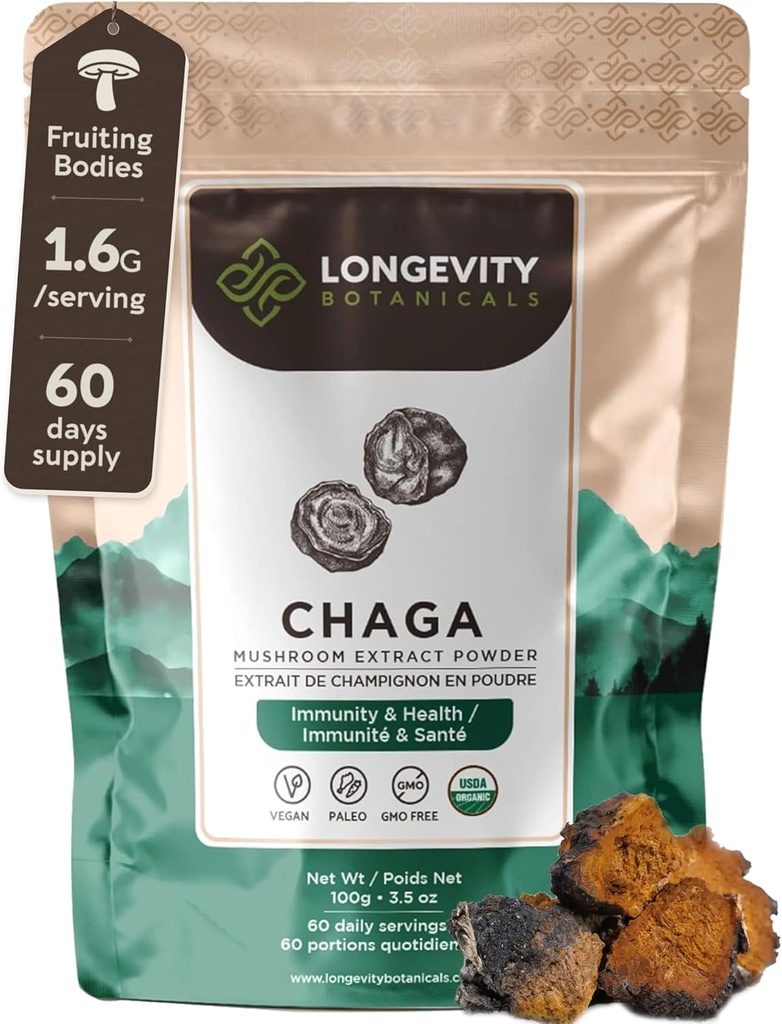 Longevity Botanicals Orgánica Chaga Mushroom Extracto Powder 100g ← Concentrado 10:1 Ratio tención 100% Cuerpos Frutas Silencio Inotus Obliquus Suplemento Natural para Función Inmunitaria, Antioxidantes " Vitalidad