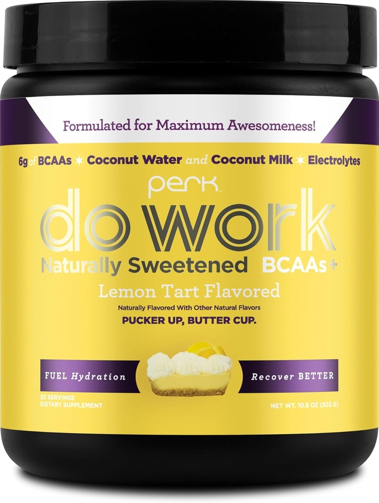 Perk Do Work BCAAs + Hydration Electrolytes Powder (Naturally Sweetened Lemon Tart Flavored, 20 Servings) - con Coconut Water & Coconut Milk