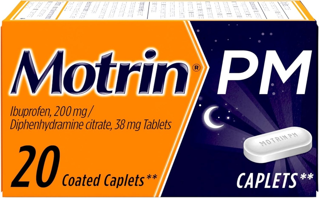 Motrin PM Pain Relief Caplets con 200 mg Ibuprofeno &amp; 38 mg Diphenhydramine Sleep Aid, Nighttime Pain Reliever for Minor Aches & Pains le ayuda a bajar el sueño " Stay Asleep, 20 ct