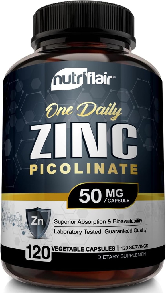 NutriFlair Zinc Picolinate 50mg, 120 Capsules - Absorción Máxima Pilles de Suplemento de Zinc - Sistema Inmunitario Booster, Defensa Inmunitaria, Potencial Antioxidante No GMO - Comparación con gluconato, Citrato, Oxide