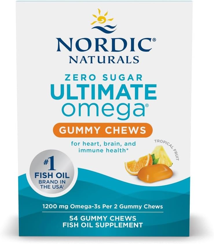 Nordic Naturals Zero Sugar Ultimate Omega Gummy Chews - Frutas Tropicales - 54 Gummy Chews - No GMO - Bienestar Optimal - 27 Servings