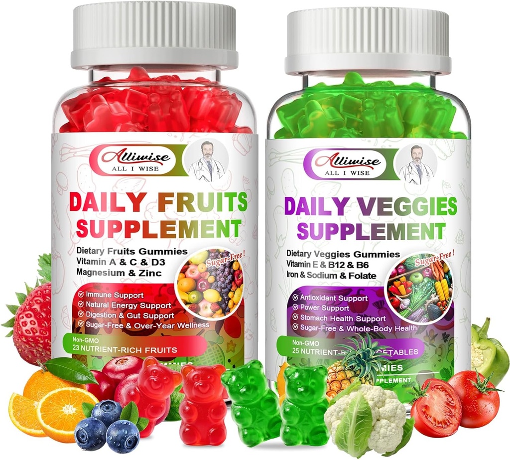 Suplemento de Frutas y verduras sin azúcar, Gummies Super Verdes con Multivitamina, Minerales & Fibra, Frutas Naturales y Verduras Suplemento Soporta Inmunidad, Antioxidante & Energía para Hombres Mujer