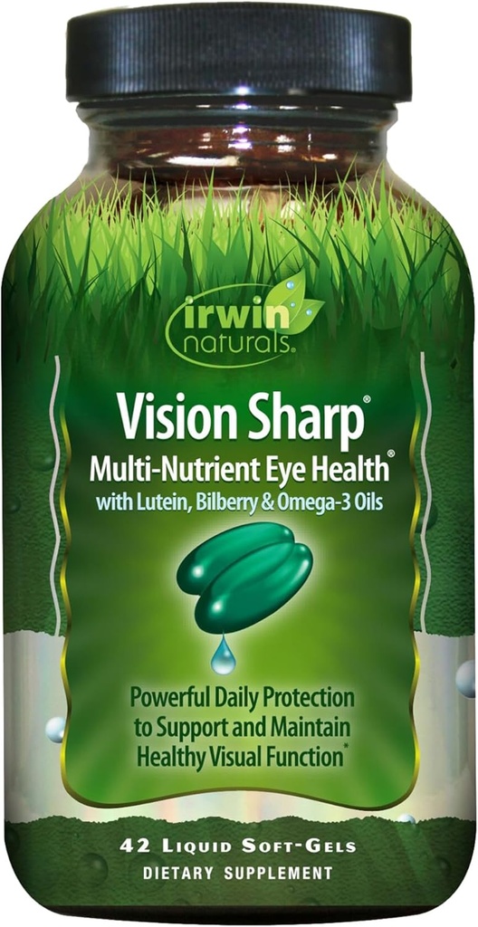 Irwin Naturals Vision Sharp Multi-Nutrient Eye Health - 42 Liquid Softgels - con Lutein, Bilberry & Omega-3s
