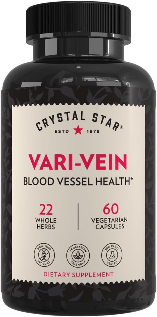 Cristal Star Vari-Vein (60 cápsulas) - Herbal Circulación Soporte Suplemento para Veins de Varicose &amp; Spider Veins Tratamiento - Bruja Hazel, Butcher's Broom, Hawthorn &amp; Horse Chestnut- Non-GMO