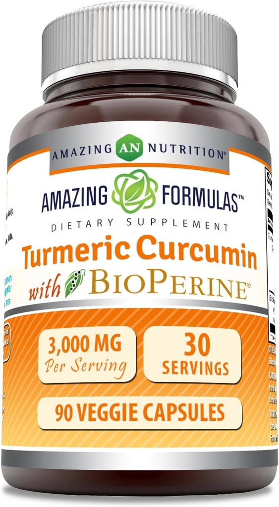 Amazing Formulas Curcumin Turmeric con Bioperine 3000 mg Por Serving  durable 90 Veggie Capsules Suplemento Silencio No-GMO TEN Gluten Free TEN Made in USA