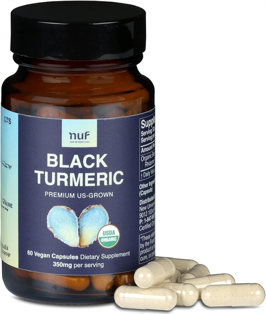 NUF- Turmeric Negra Orgánica 350mg Capsules Veganos Root- US Grown- Gluten Gratis - Soporte Conjunto No GMO- - Respuesta Inflamatoria Saludable - Función adecuada de inmunodeficiencia