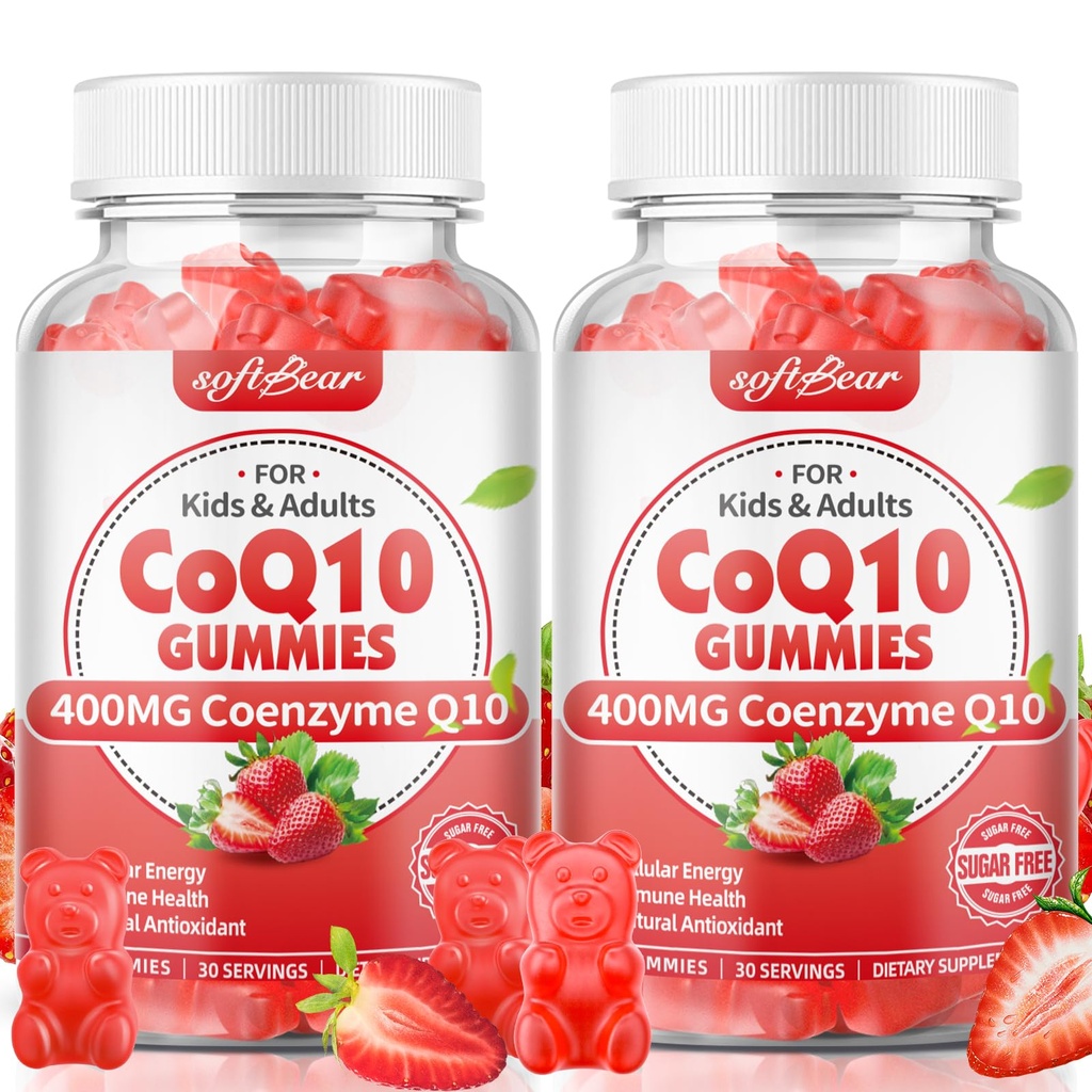 softbear CoQ10 Gummies 400mg Coenzyme Q10 Suplemento para adultos, alta absorción coq10 Plus Omega-3, Magnesio, Vitamina B3 &amp; Zinc para energía celular & Antioxidante, sabor a fresa 120 Conde