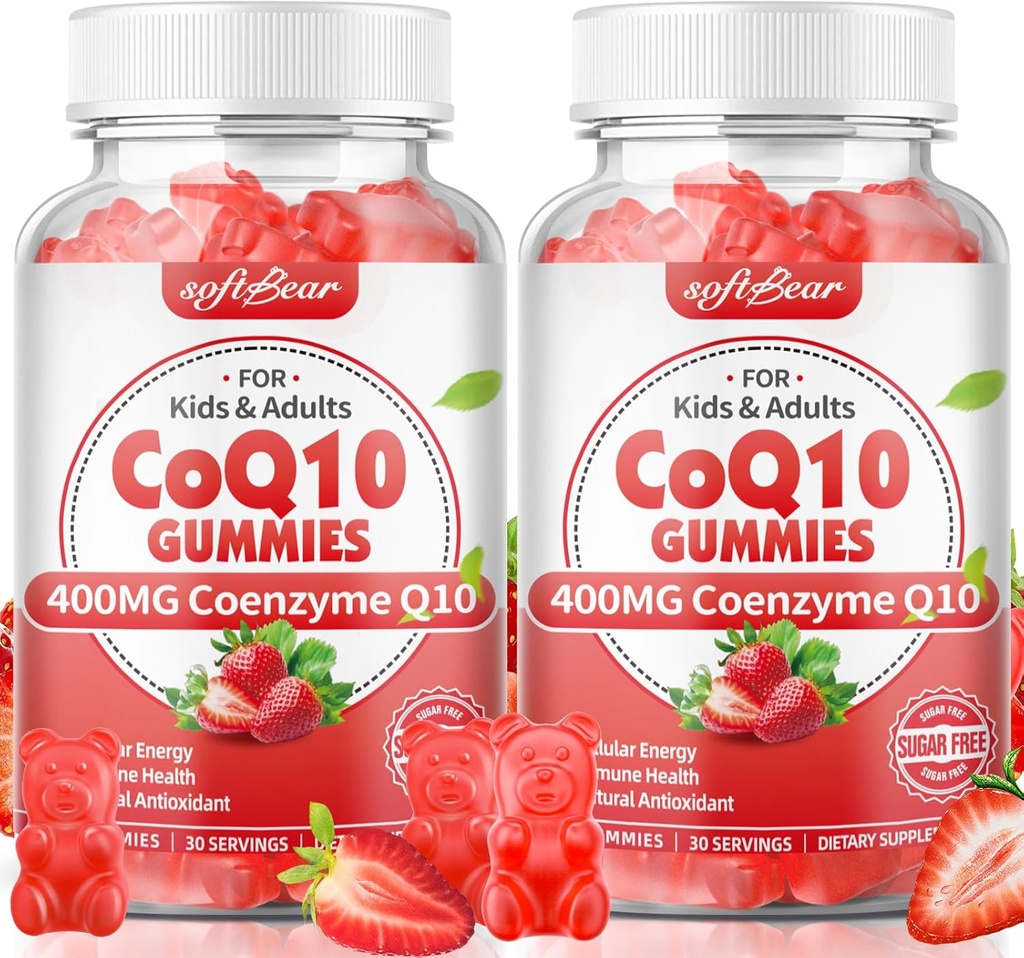 softbear CoQ10 Gummies 400mg Coenzyme Q10 Suplemento para adultos, alta absorción coq10 Plus Omega-3, Magnesio, Vitamina B3 &amp; Zinc para energía celular & Antioxidante, sabor a fresa 120 Conde