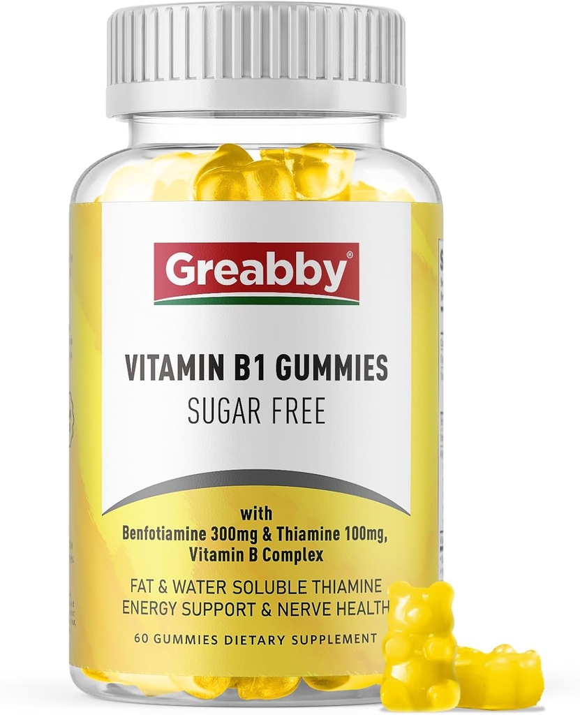 Vitamina B1 Gummies - Benfotiamine 300mg " Thiamine 100mg, Sugar Free, Vitamina B Complex Chewable Supplement, Energy Boost " Nervous System Health for Women Men, 60 Gummies
