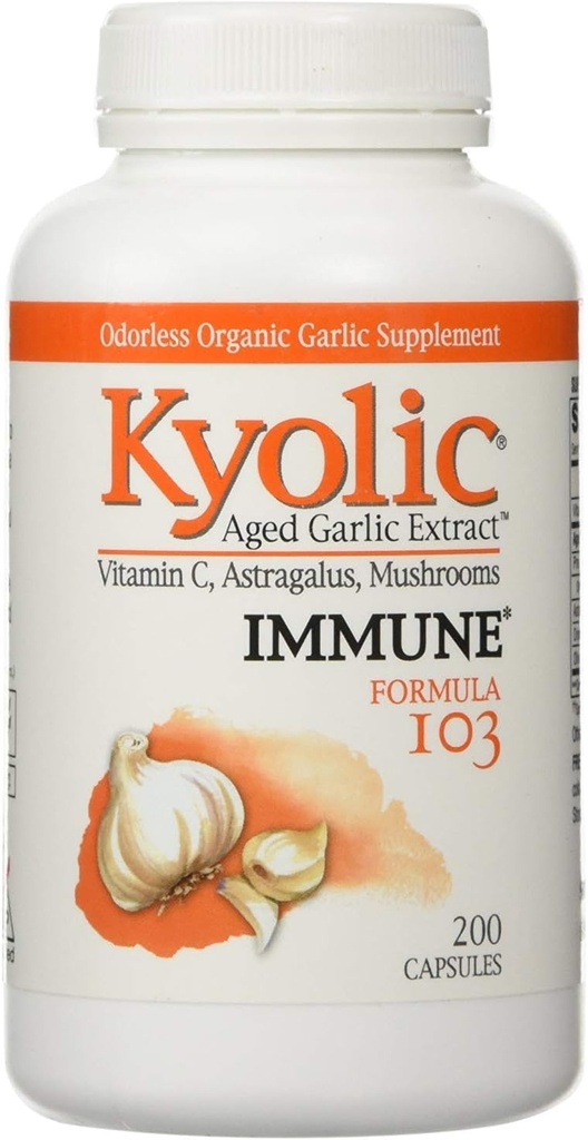 Kyolic - Fórmula 103 Extracto de ajo envejecido con vitamina C, astragalus, hongos - 200 cápsulas, 2 paquete