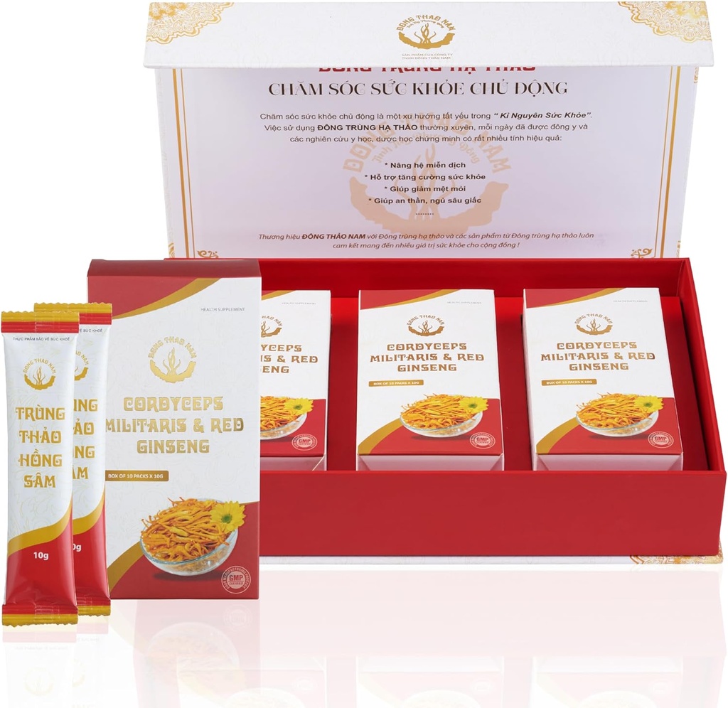 Dong Thao NAM - Organic Red Ginseng y Cordyceps Powder, 6 en 1 Extracto Herbal, Aumenta la Alerta, Aumenta la Energía y Reduce la Fatiga, Caffeine Free, Pack of 30