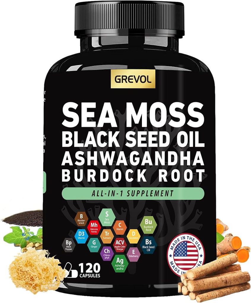 Sea Moss Capsules con Ashwagandha Black Seed Oil Bladderwrack Burdock Root Turmeric " Vitamin C D3 Elderberry ACV Black Pepper - Multimineral Supplement - 120 Count