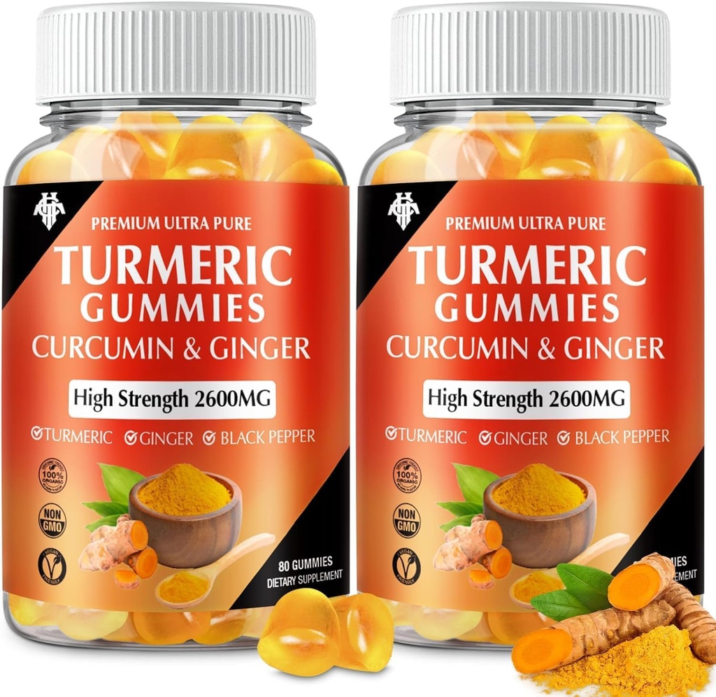 Turmeric Curcumin Gummies with Ginger & Black Pepper Vegan Pectin Formula for Immune Boost, Healthy Skin &amp; Joint Support Chewable Suplemento para Adultos y Adolescentes (2-Pack)