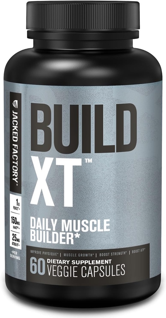 Jacked Factory Build-XT Daily Muscle Builder & Performance Enhancer - Muscle Building Supplement for Muscular Strength & Growth | Trademarked Ingredients Peak02, ElevATP, & Astragin - 60 Veggie Pills