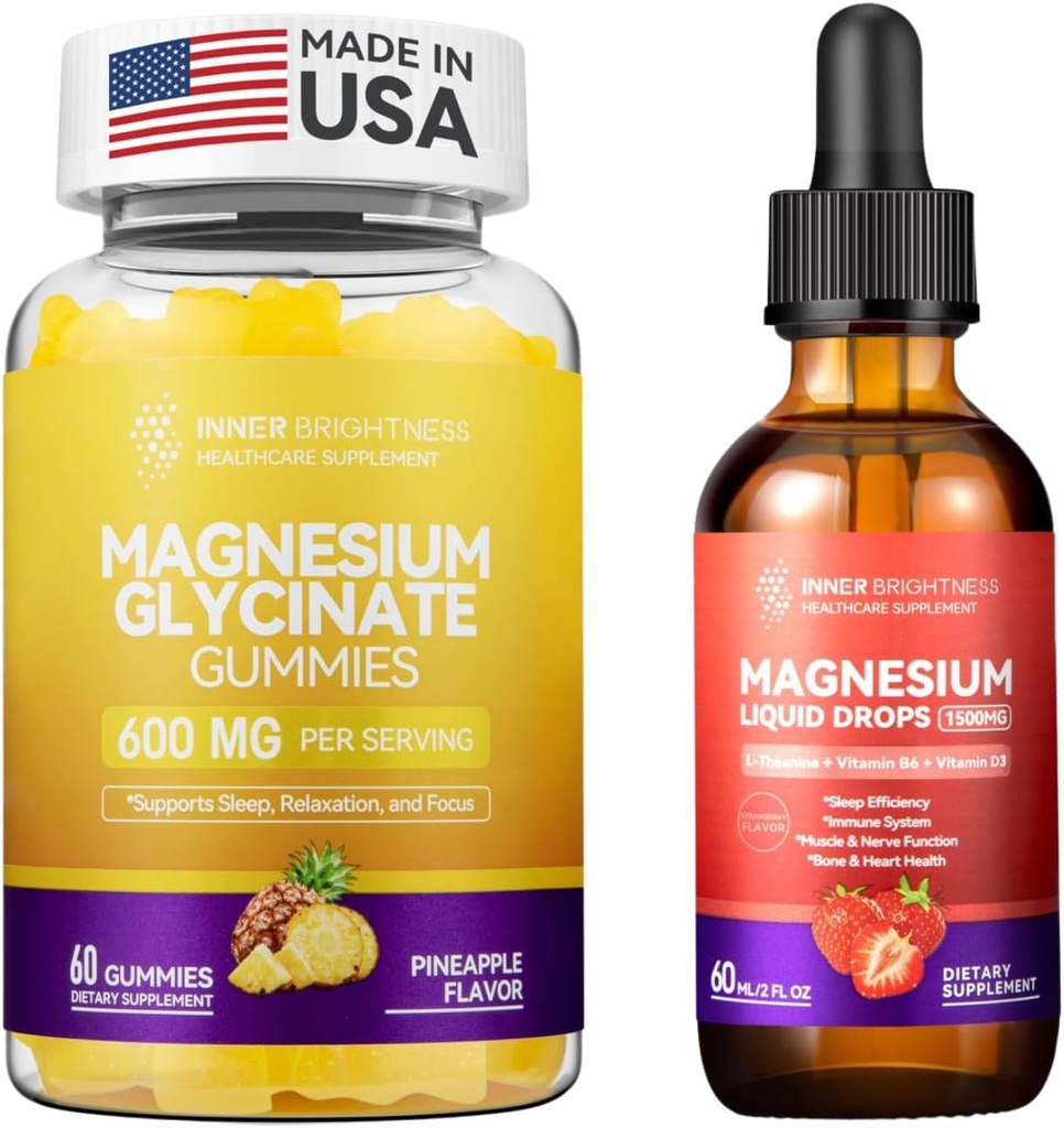 Magnesio Glycinate sometidaGummies for Adults, Sleep, Relax & Focus, Pineapple Flavor & Liquid with Magnesium Citrate & Taurate, Strawberry Flavor