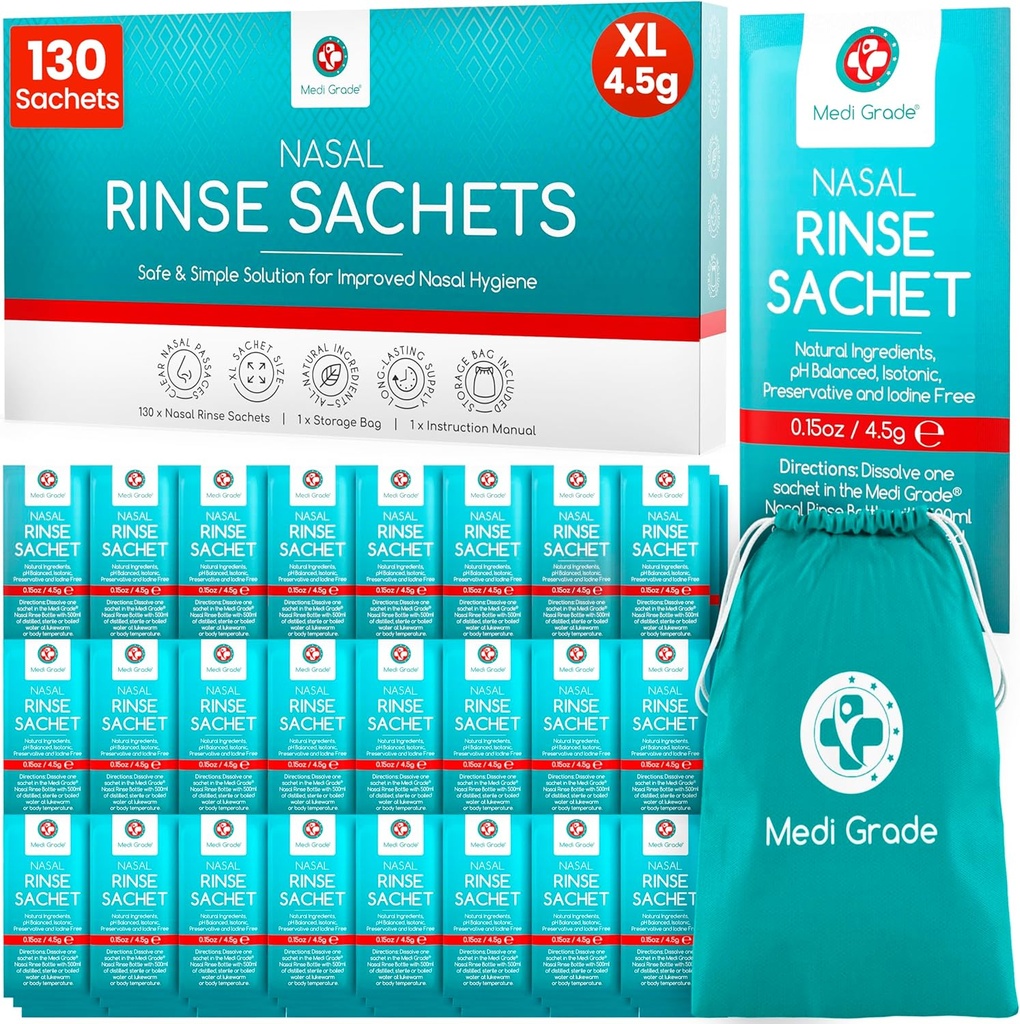 Medi Grade Sinus Rinse Packets – Nasal Rinse Essentials Kit de 130 x Sal Packets y Almacenaje Conveniente - Disfrute de Effortless Nasal Irrigation en casa o en el camino con nuestros Neti Pot Salt Packets