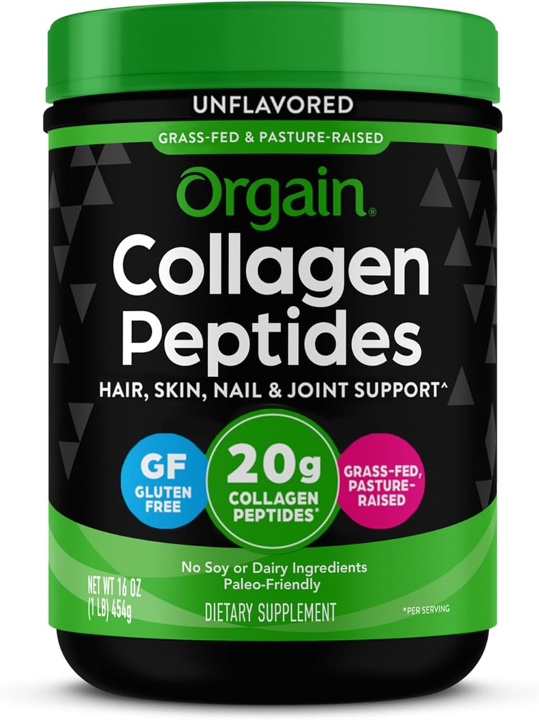 Péptidos de colágeno hidrolizado de orgaina Polvo para hombres de mujeres, Collagen de 20g de Grass, desarmado - Pelo, piel, uñas, " Suplemento de soporte conjunto, Paleo " Keto, No GMO, Tipo I y III, 1lb