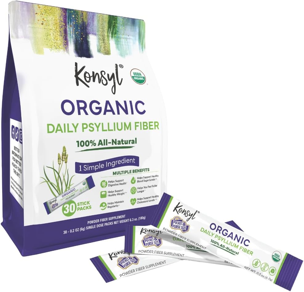 Konsyl Organic Daily Psyllium Fiber Stick Packs - On-The-Go Fiber Supplement Powder - Convenient, All-Natural Soluble Fiber, Gluten-Free & Sugar-Free, Vegan & Keto - 30 Packets
