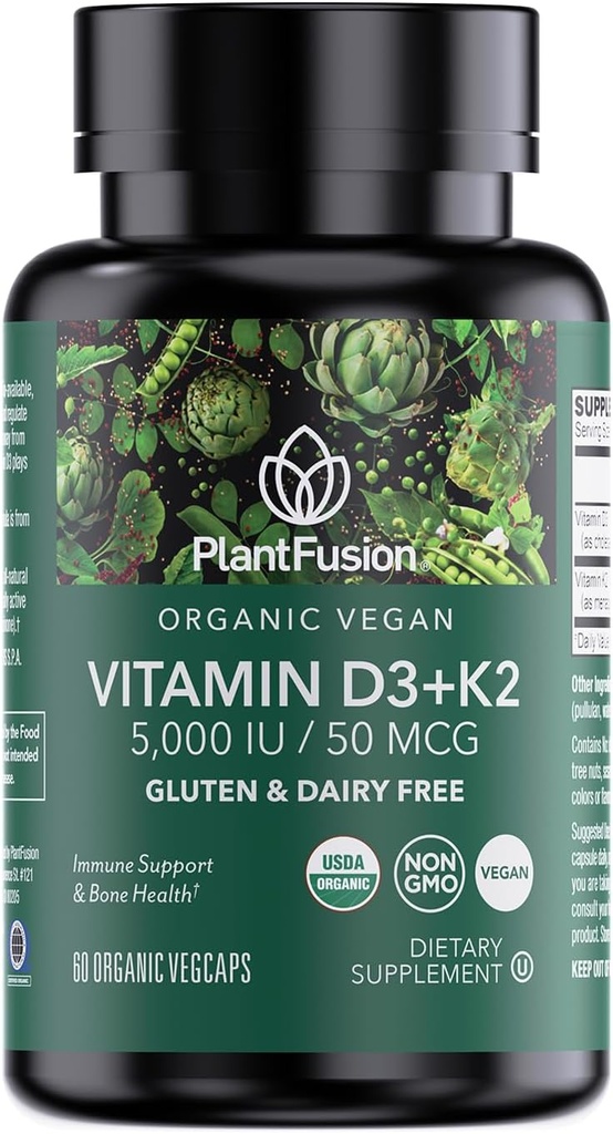 PlantFusion Organic Vegan Vitamin D3 + K2 5,000 IU, 50MCG – Vitamin D Sourced from Plant Based Lichen and Vitamin K2, for Immune Support and Bone Health - 60 Capsules