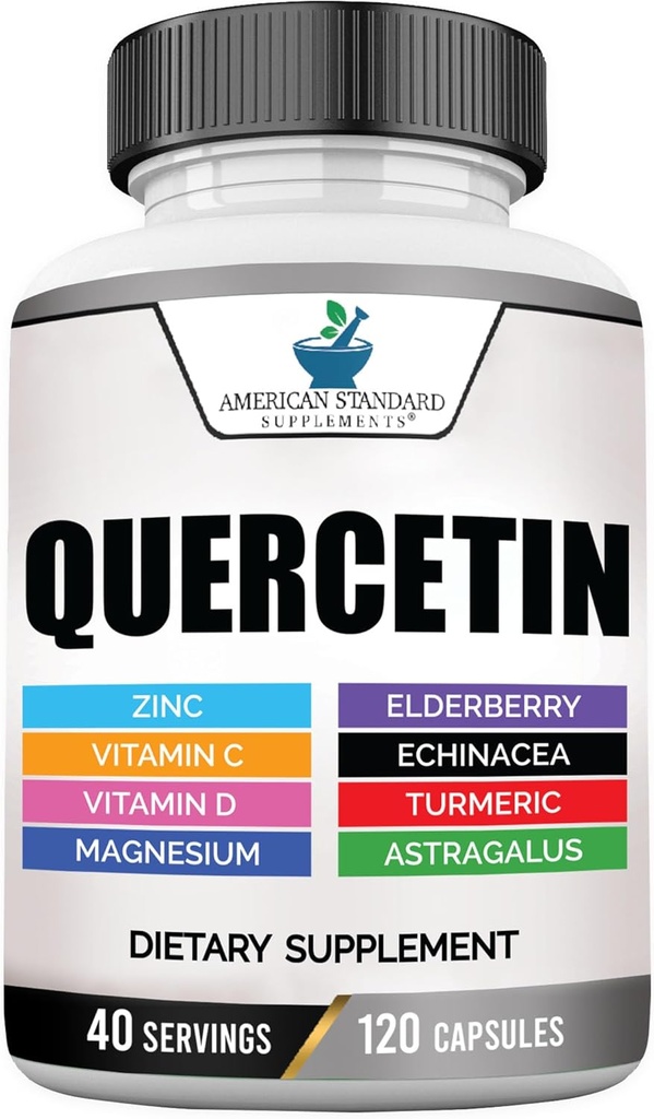 American Standard Supplements Quercetin 1000mg Por Serving with Zinc, Vitamina C, Vitamina D3, Magnesium, Elderberry, Echinacea, Turmeric, Astragalus - Gluten Free, Non-GMO, 120 Capsules, 40 Servings