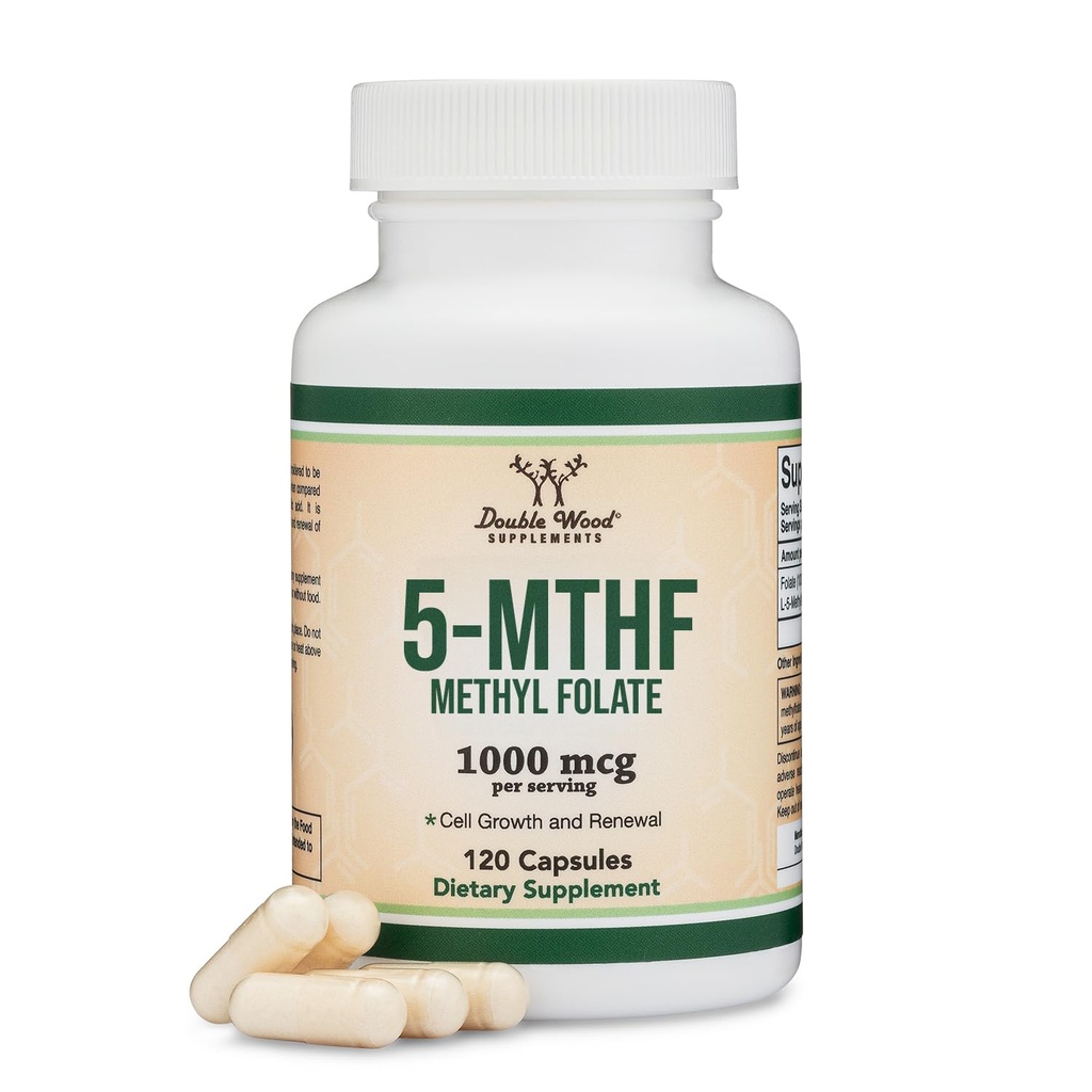 Methylfolate 1,000mcg, 120 Capsules (Suplemento de Folato de Metil Probado por Tercera Parte) El Folato Metilado es una forma más activa de ácido fólico que el ácido fólico (No GMO, Vegan Safe) de madera doble
