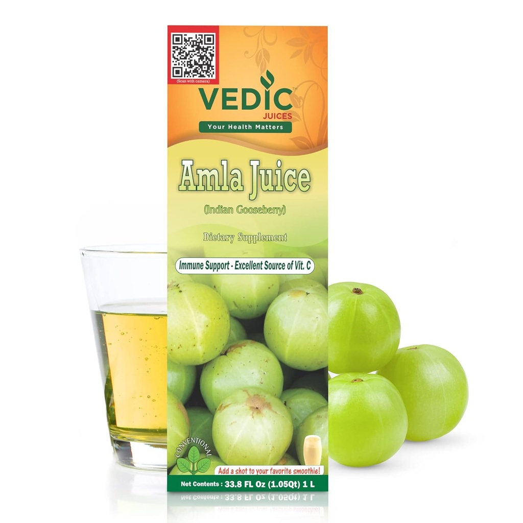 Jugos Védicos Amla Juice, Suplemento de Gooseberry indio con vitamina C para la salud de las cabras, y crecimiento del cabello, bebida herbal - 1 Liter