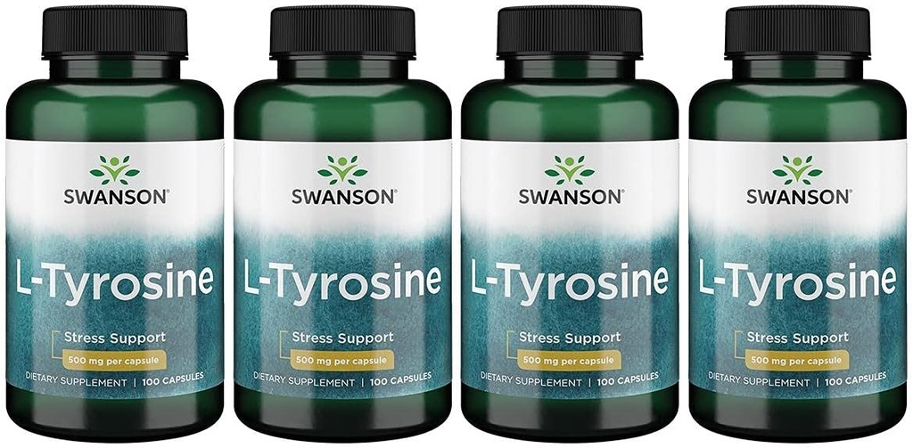 Swanson L-Tyrosine - Amino Acid Supplement Promoting Stress Support, Cognitive Function - Helps Support Overall Brain Health - (100 Capsules, 500mg Each) 4 Pack