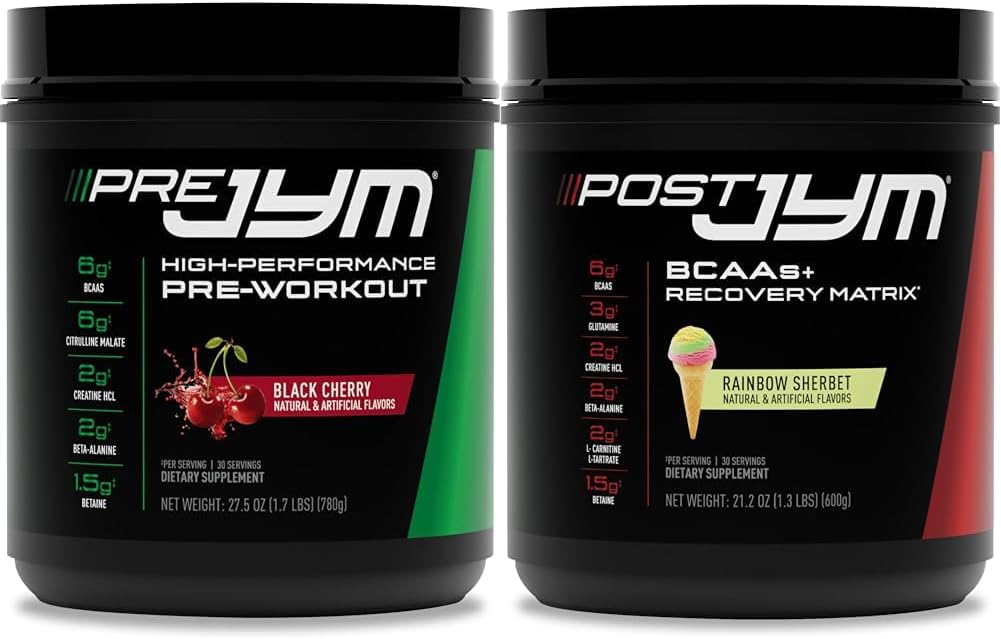 PRE JYM 30 Black Cherry & Post JYM Rainbow Sherbert Post-Workout 30 Servings Muscle Recovery Drink
