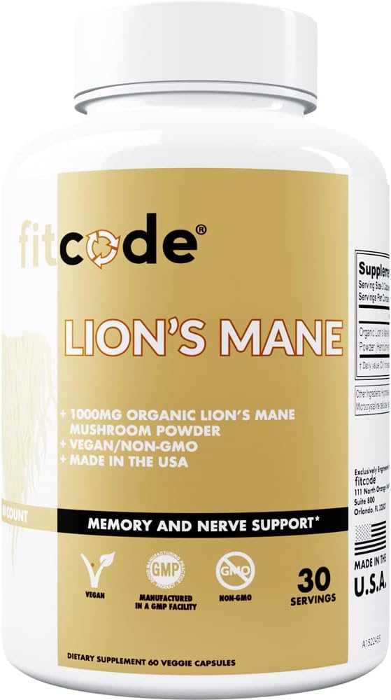 fitcode Organic Lion’s Mane Mushroom Supplement - Lion’s Mane Mushroom Capsules Nootropics Brain Support Suplemento para Focus Memory Clarity and Immunity Support Lion’s Mane Supplement
