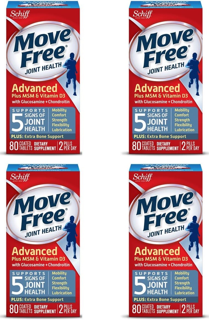 Move Free Advanced Plus MSM y Vitamina D3, 80 tabletas - Suplemento Conjunto de Salud con Glucosamina y Condroitina (Pack of 4)
