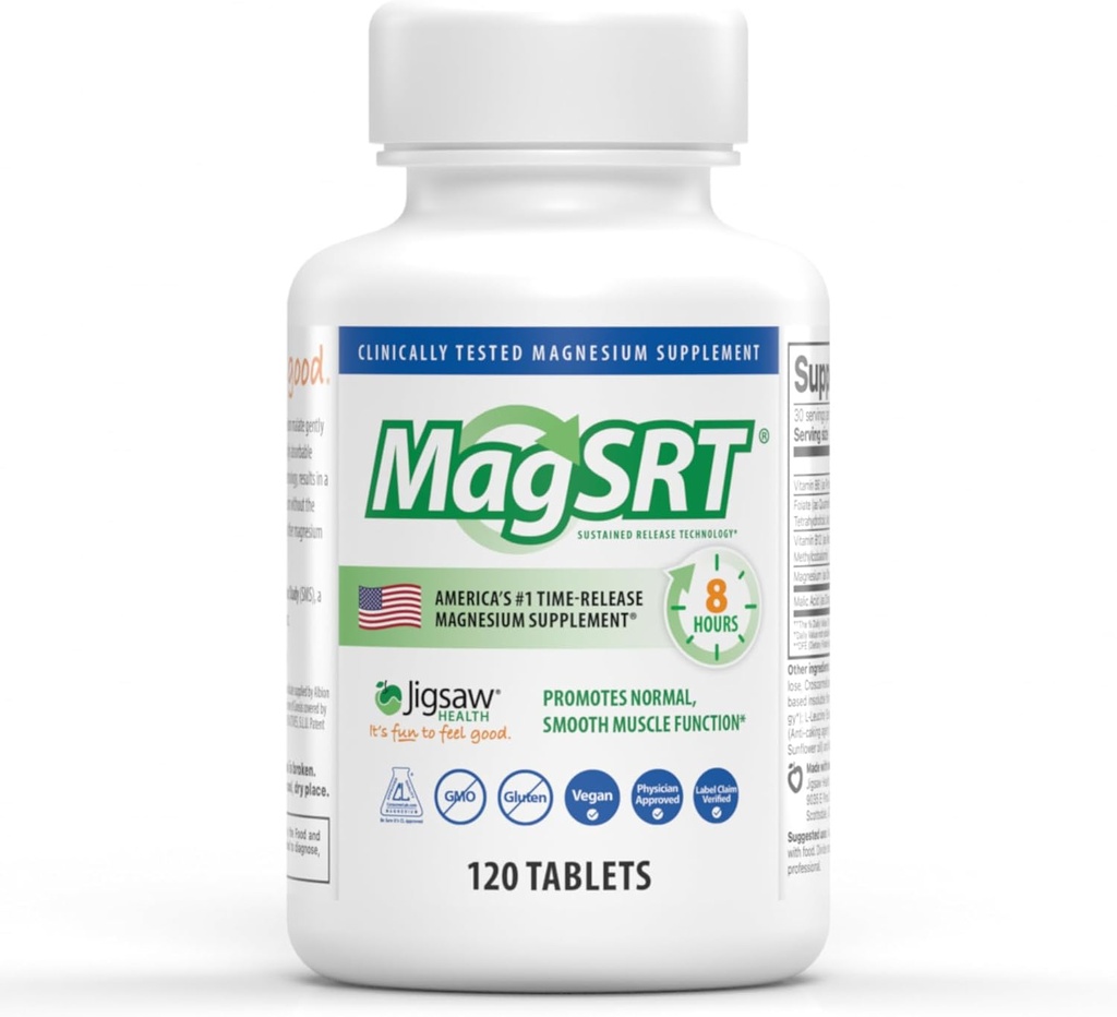 Jigsaw Health MagSRT ← Suplemento Magnesio con Vitamina B6, Folate &amp; B12 tención 120 Tablets tención 30 Servings