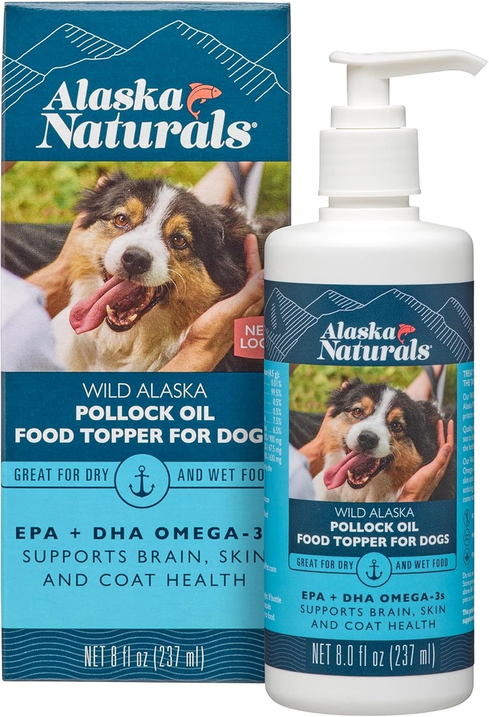 Aceite de pescado Salvaje Sostenible Alaska para perros Skin and Coat – EPA + DHA Omega 3 Petróleo - ácidos grasos Suplementos de perros - Modo de apoyo Coat y salud cerebral - Natural Liquid Food Topper para mascotas – 8 oz. Bomba