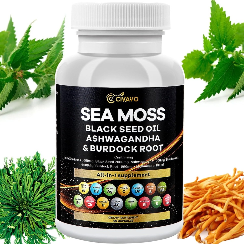 Sea Moss 3000mg Black Seed Oil 2000mg Ashwagandha 1000mg Bladderwrack 1000mg Turmeric 1000mg Burdock 1000mg Vitamina C &amp; D3 Elderberry Manuka Dandelion Yellow Dock Chlorophyll ACV