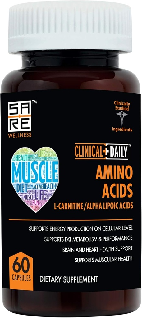 CLINICAL DAILY Acetyl L Carnitine - Alfa Lipoic Aminoácidos Esenciales Suplementos Capsules para Mujeres, Hombres o Complejo ALA Eléctrico Ayuda a Boost Metabolism, Brain, Heart, &amp; Muscle Health- 60 Pills