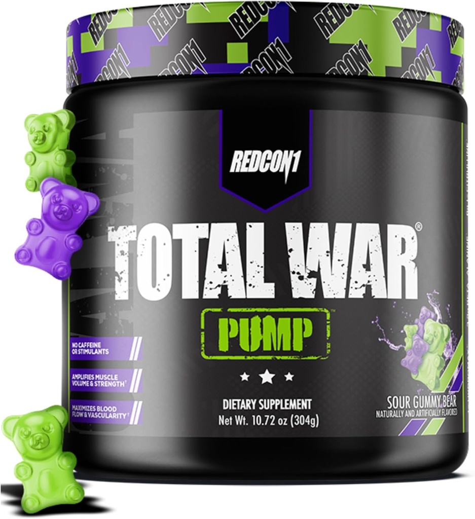 REDCON1 Non Stim & Caffeine Free Pre Workout Powder for Women & Men - Total War Pump - with L-Citrulline, Beta Alanine & More - Workout at Any Time of Day - Sour Gummy Bear (10.72 oz)