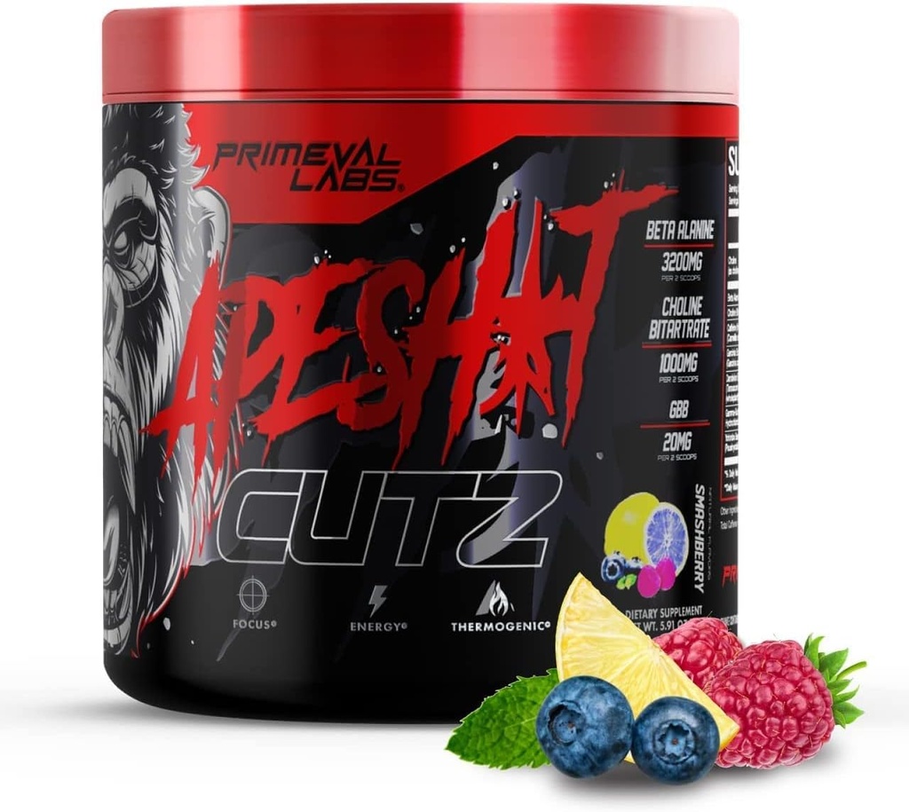 Primeval Labs Ape Cutz Pre Workout Powder ← Científicamente Formulado  Aumento del rendimiento con Beta Alanine ← Post Workout Drink & Energy Booster 50 Servings Smashberry