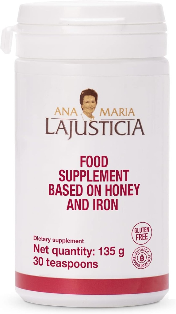 Ana Maria Lajusticia - Hierro con Miel - Suplemento Alimentario - 135g (30 cucharaditas)- Dairy y Gluten Free. Vegetarian Friendly. Perfecto para promover la salud vascular.