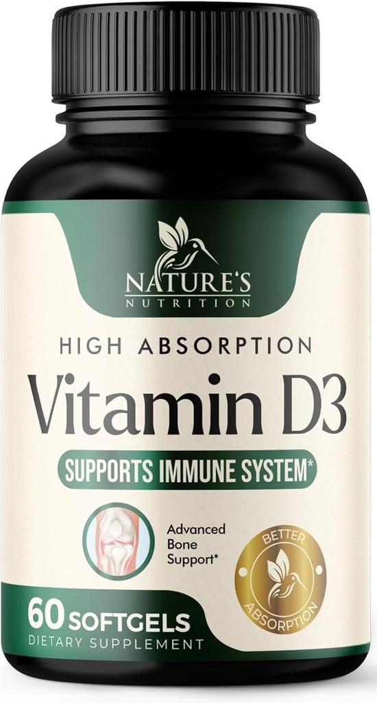 Vitamina D3 Suplemento 5000IU (125 mcg) - Extra Strength Vitamins D-3 Dietary Softgels for Bone, Teeth, Muscle Health & Immune Support, Rapid Absorbtion Mini D Softgel, Non-GMO, Gluten Free - 60 Con