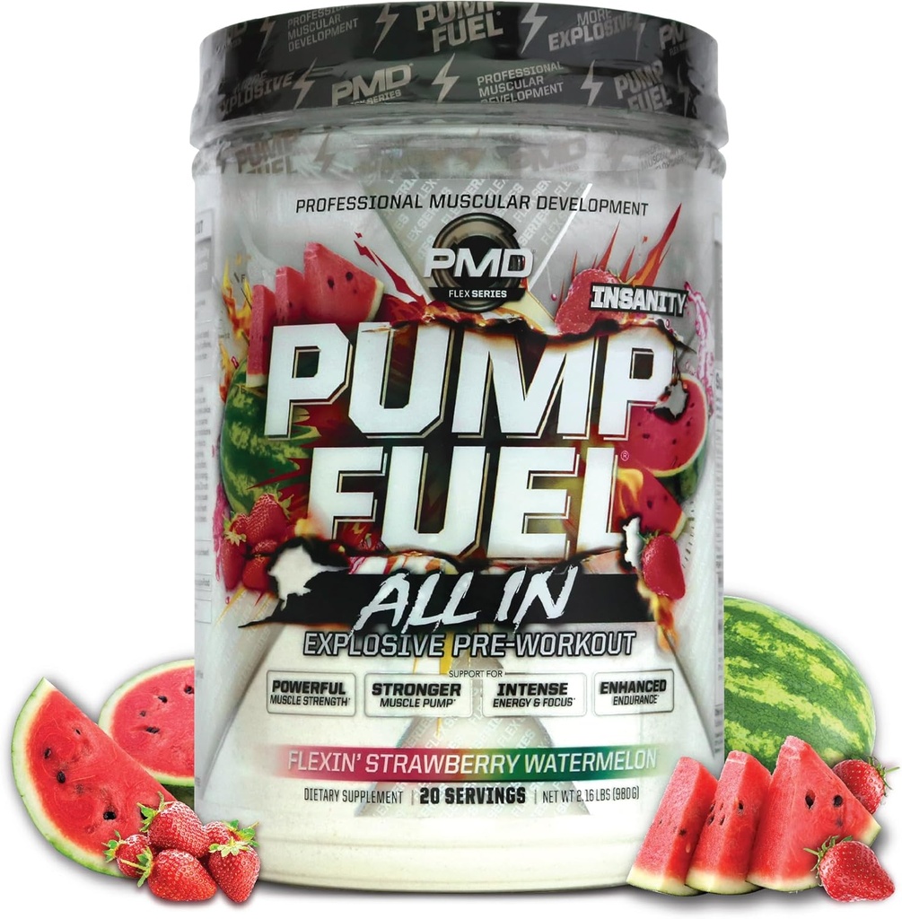 PMD Sports Pump Fuel All in Insanity, Ultimate Pre Workout & Muscle Pump, Maximum Strength Energy, Focus, Endurance & Recovery, Creatine & Beta Alanine, Flexin’ Strawberry Watermelon (20 Servings)