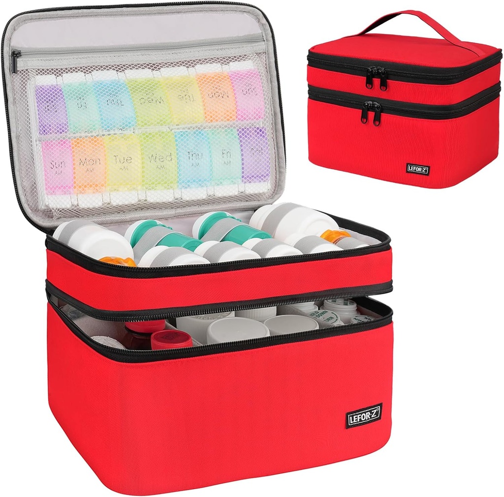 Bolsa de almacenamiento de medicamentos,Doble capas Pill Bottle Organizer Bag Vacío con Zipper ajustable dividendo,Medication Travel Carrying Bag for Pills,Vitamins,Medical Supplies,Red