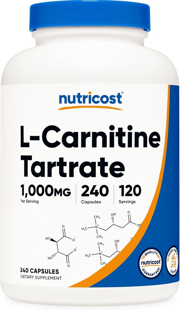 Nutricost L-Carnitine Tartrate 1000mg, 240 Capsules - 500mg Por Capsule, 120 Serviciones