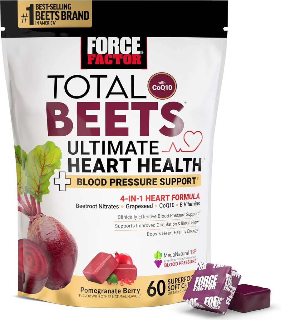 FACTOR FACTOR Total Beets Ultimate Heart Health Chews for Blood Pressure Support, with Beetroot Powder, CoQ10, B Vitamins &amp; Grapeseed Extract for Blood Flow & Energy, Pomegranate Berry, 60 Soft Chews