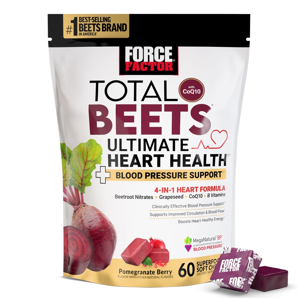 FACTOR FACTOR Total Beets Ultimate Heart Health Chews for Blood Pressure Support, with Beetroot Powder, CoQ10, B Vitamins &amp; Grapeseed Extract for Blood Flow & Energy, Pomegranate Berry, 60 Soft Chews