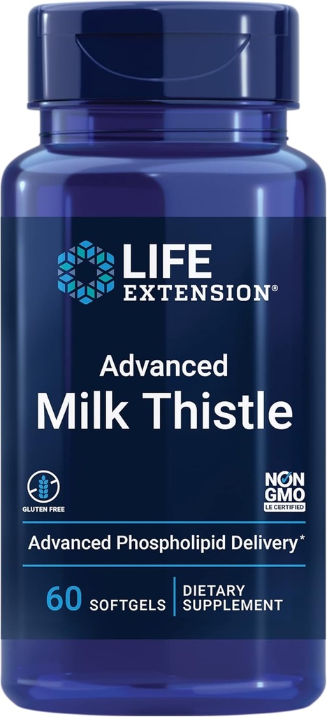 Extensión de la vida Advanced Milk Thistle, silymarin, silybin, fosfolipids, Promotes Healthy Liver Function, Gluten-Free, Non-GMO, 60 softgels
