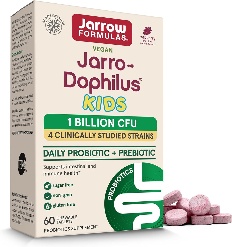 Jarrow Fórmulas® Jarro-Dophilus® Probióticos y Prebióticos, 1 billón de CFU, Suplemento de Apoyo Intestinal e Inmunitario de Salud, 60 tabletas de sabor libre de azúcar, 30 días de suministro