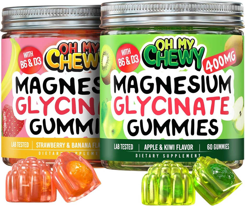Magnesium Gummies Bundle – 2 Botellas (60 Cada uno) – Strawberry Banana & Apple Kiwi