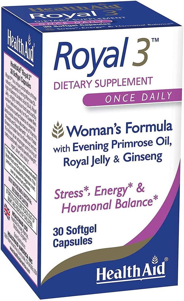 HealthAid Royal 3, con aceite de Primrose Evening, Royal Jelly, Ginseng, Once Daily, 30 cápsulas