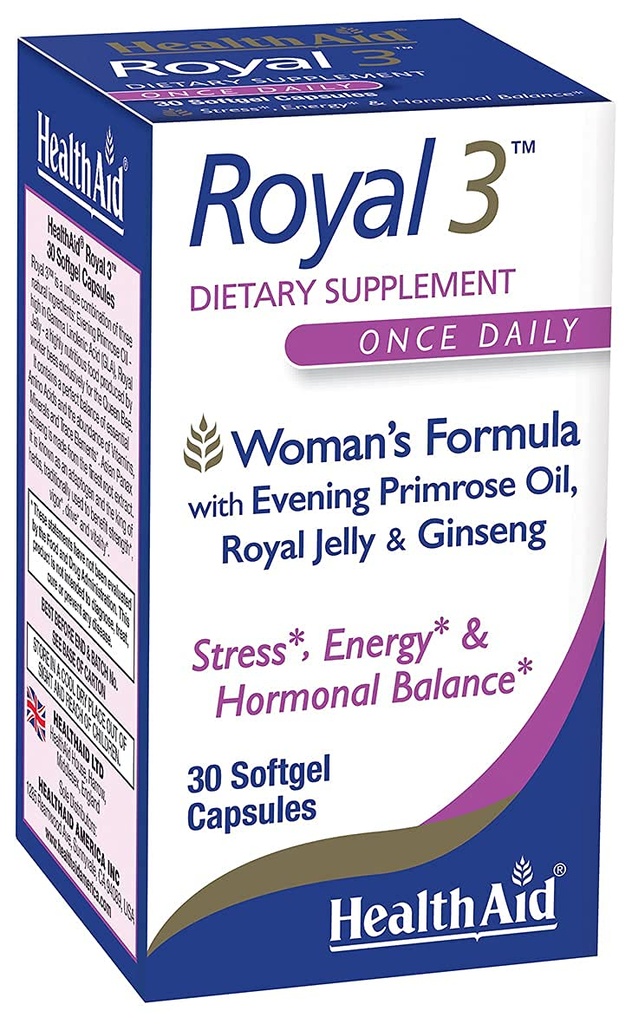 HealthAid Royal 3, con aceite de Primrose Evening, Royal Jelly, Ginseng, Once Daily, 30 cápsulas