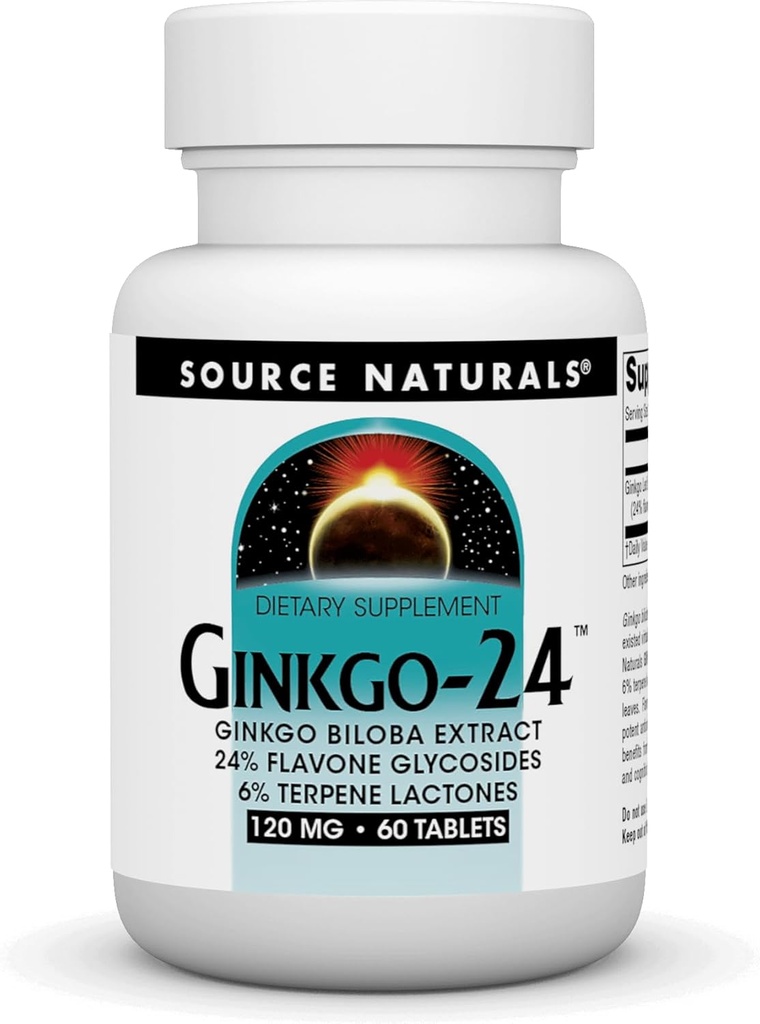 Fuente Naturales Ginkgo-24 - Ginkgo Biloba Extracto 120 mg Apoyo a la Acusidad Mental - 60 Tabletas