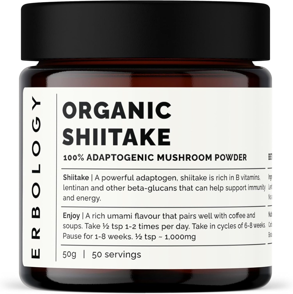 Erbology Organic Shiitake Mushroom Powder 50 Servings - 11% Beta-glucans - Inmunity and Energy - Lentinula edodes - Batch pequeño - Crecido sosteniblemente en Europa - Vegan - No GMO - No se han añadido Filleres